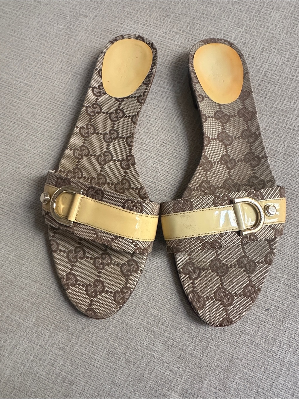 Gucci Beige Monogram Slide Mules with Yellow Patent Strap